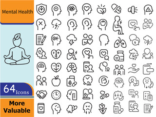Mental Health Blak And White Line Icons Set.