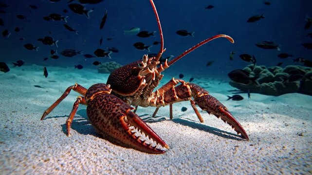 Underwater video scene of a lobster on the ocean floor, captured from a low-angle, showcasing marine life and vibrant sea colors.