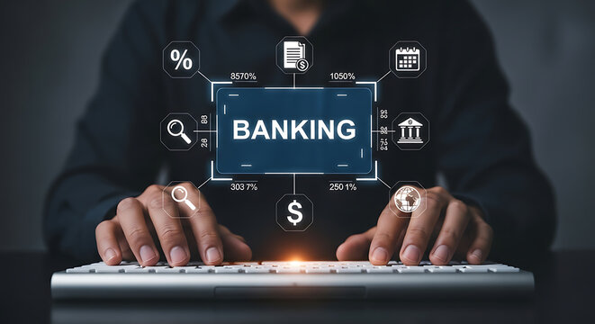 A person is typing on a keyboard with a digital banking interface in front of them