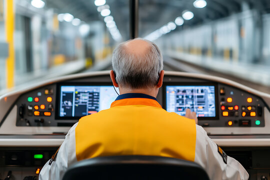 Train operator at work. Focused on the controls, navigating the tunnel for a safe journey. Expert at his post with years of experience.