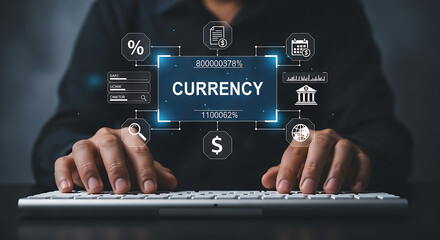 Currency technology displayed with financial data and network connections for business and investment