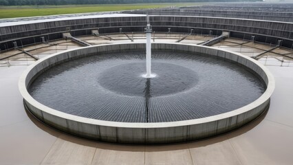Fototapeta premium Waste water flows through a circular aeration basin at a treatment plant during a gentle rain. Raindrops dance on the water's surface, illuminating the water treatment facility.