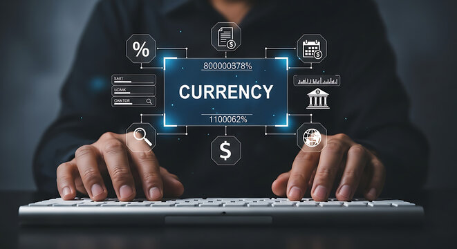 Currency technology displayed with financial data and network connections for business and investment