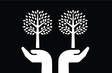 Hands nurturing trees for environmental protection and sustainable future fostering growth and nature connection in monochromatic design concept