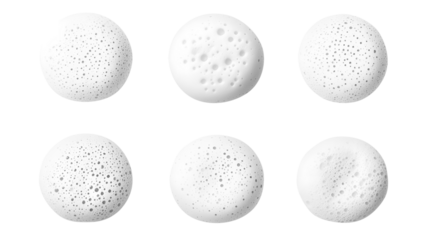 Artistic view of six white foam circles with textures and bubbles on a white background