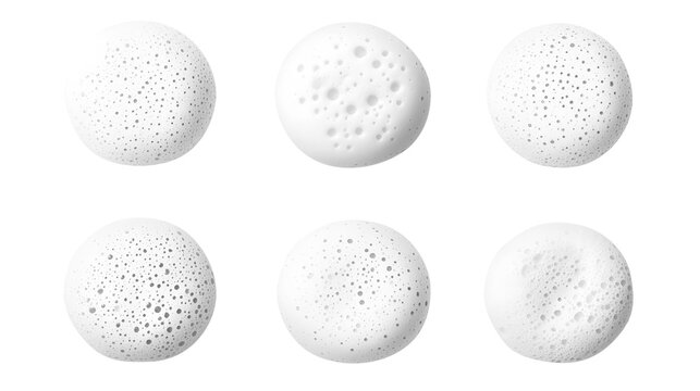 Artistic view of six white foam circles with textures and bubbles on a white background