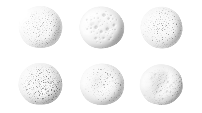 Artistic view of six white foam circles with textures and bubbles on a white background - Powered by Adobe