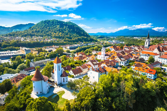Kranj, Slovenia. Scenic Town of Kranj and Sava river aerial view