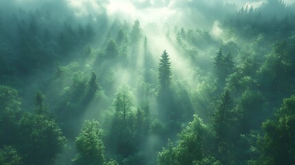 Obraz premium Sunlight mist forest canopy peaceful beauty image