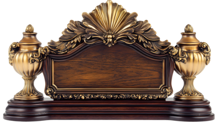 Ornate decorative wooden plaque with urns and a detailed golden scrollwork accent
