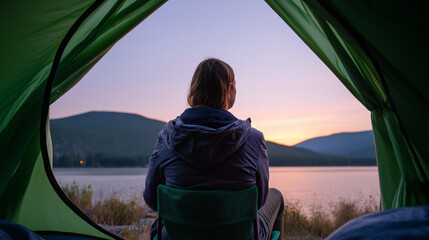 Fototapeta premium Serene sunset view from a tent with a woman reading