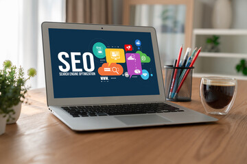 Fototapeta premium SEO search engine optimization for modish e-commerce and online retail business showing on computer screen