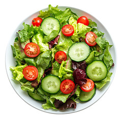 Fresh mixed salad with lettuce, cucumbers, and cherry tomatoes in a white bowl