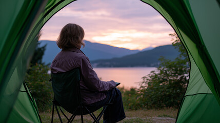 Serene woman reading in a mountain lakeside tent at sunset