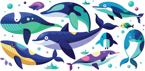 Naklejka premium Seamless pattern of cute cartoon dolphins swimming with marine fish in the blue ocean waves, a vector illustration of underwater wildlife