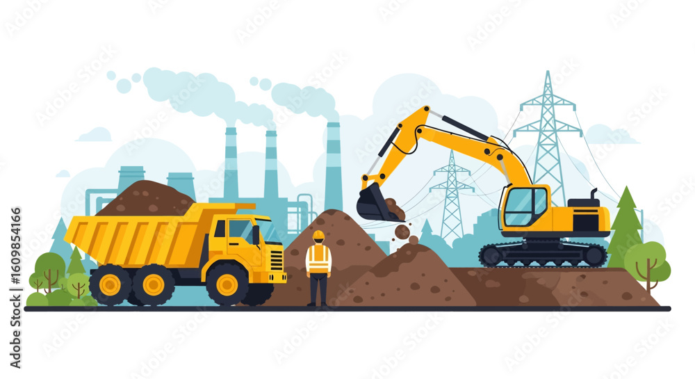 Wall mural adobe illustrator flat style illustration of a large coal mining operation with an excavator loading