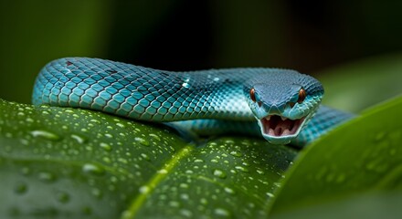 Obraz premium Blue pit viper snake dangerous wildlife nature reptile venomous tropical animal close up macro exotic species