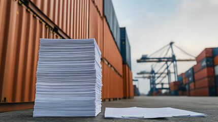 Paperwork at a loading dock shows the huge volume of work necessary to keep shipping and logistics running around the world, with stacks of invoices and forms.