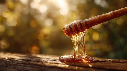 Honey dripping from wooden dipper on rustic surface