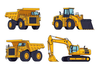 Adobe illustrator flat style illustration set of four heavy construction vehicles: dump trucks (front and side view), a wheel loader,  excavator. Ideal for construction, mining, and machinery themes