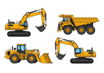 Adobe illustrator flat style illustration set of four heavy construction vehicles: dump trucks (front and side view), a wheel loader,  excavator. Ideal for construction, mining, and machinery themes