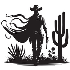 Silhouette of a Cowboy on Horseback at Sunset

Western Cowboy Silhouette Against Dramatic Sky

Cowboy Riding Horse – Vintage Wild West Silhouette

Lone Cowboy Silhouette with Hat and Lasso

