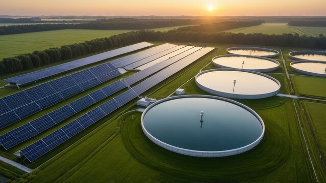 Treatment plant with solar panels and circular basins manages waste water efficiently. Mist lifts over a green buffer zone, highlighting modern water treatment facility design.
