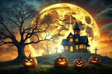 A haunted house on a hill under a bright full moon, with jackolanterns in the foreground