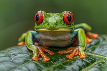 Fototapeta premium Portrait of a Red-eyed tree frog (Agalychnis callidrya) on a leaf, Indonesia