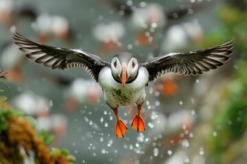 Puffin flock, birdwatching in Norway. Atlantic puffins seabirds wildlife nature cute birds in natural habitat