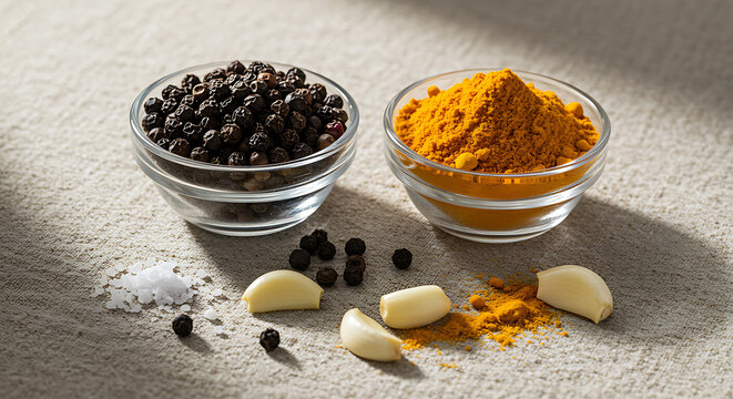 Black peppercorns turmeric powder garlic and salt whole peppercorns