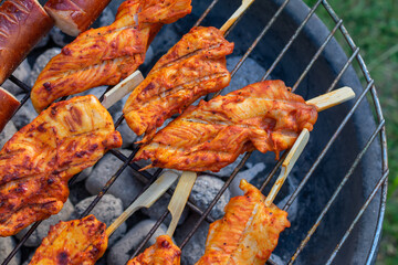 Marinated chicken fillets on skewers grilling over hot charcoal at a summer barbecue cookout.
