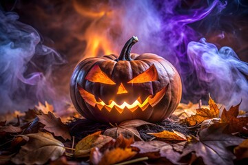 A single carved jackolantern with a menacing glowing face sits on a bed of autumn leaves, surrounded by mystical colored smoke and fiery light