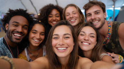 Joyful friends taking a selfie in a tent at a festival