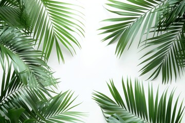 palm tree leaves overlay texture, border of fresh green tropical plants isolated on transparent background