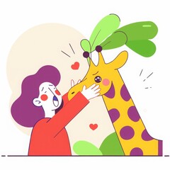 Fototapeta premium A joyful embrace between a person and a friendly giraffe depicting affection and companionship in a whimsical artistic style