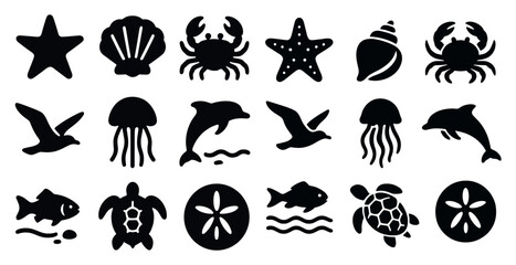 Collection of black and white sea creatures including starfish, crabs, jellyfish, and dolphins