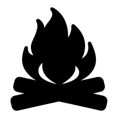 Silhouette of Campfire with Logs and Flames Icon, Black silhouette of a campfire with flames and crossed logs, isolated on white, representing camping, warmth, survival, or outdoor life.

