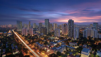Modern Indian city skyline at twilight with illuminated streets and tall buildings under a vibrant blue and purple evening sky. - Powered by Adobe