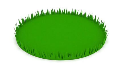 A vibrant green circular patch of lush grass with individual blades clearly defined against a stark white background creating a natural isolated element