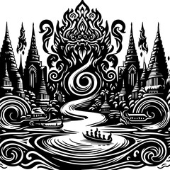 Ornate Black and White Thai Temple Landscape with Naga.