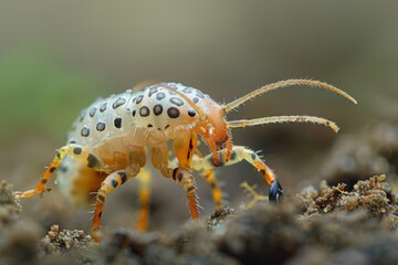 Fototapeta premium Springtail on soil, extreme close-up