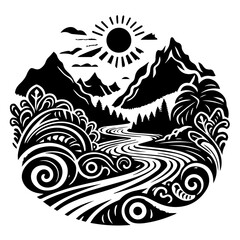 Stylized Black and White Mountain River Landscape.