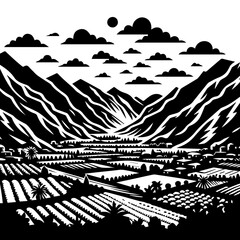 Fototapeta premium Stylized Black and White Mountain Valley Landscape.