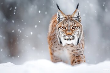 Obraz premium Snow nature. Lynx face walk. Winter wildlife in Europe. Lynx in the snow, snowy forest in February. Wildlife scene from nature, Slovakia. Winter wildlife in Europe.