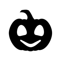 Smiling Halloween Pumpkin Silhouette Icon, Black silhouette of a carved Halloween pumpkin with a happy face, ideal for spooky decorations and seasonal design elements.

