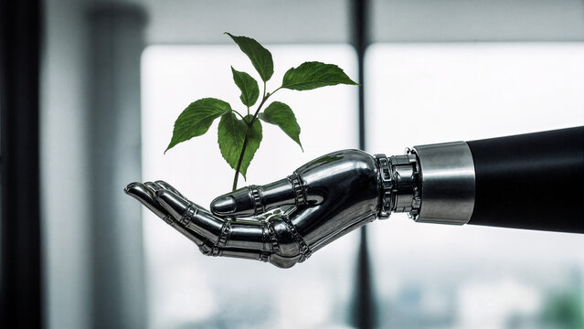 Robotic Hand Holding Green Branch &ndash; Symbol of Technology and Nature in Sustainable Development