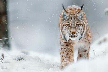 Obraz premium Snow nature. Lynx face walk. Winter wildlife in Europe. Lynx in the snow, snowy forest in February. Wildlife scene from nature, Slovakia. Winter wildlife in Europe.