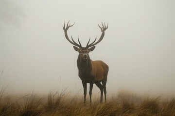 Red deer stag silhouette in the mist