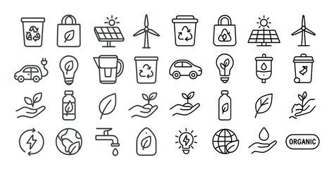 Naklejka premium Collection of icons for environmental issues. The icons include a car, a light bulb, a bottle, a cup, a tree, a house, a person, a globe, a sun, a windmill, a trash can